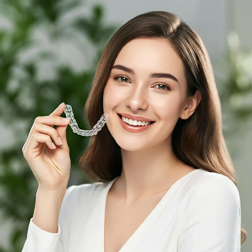 Smiling woman holding a clear Invisalign aligner
